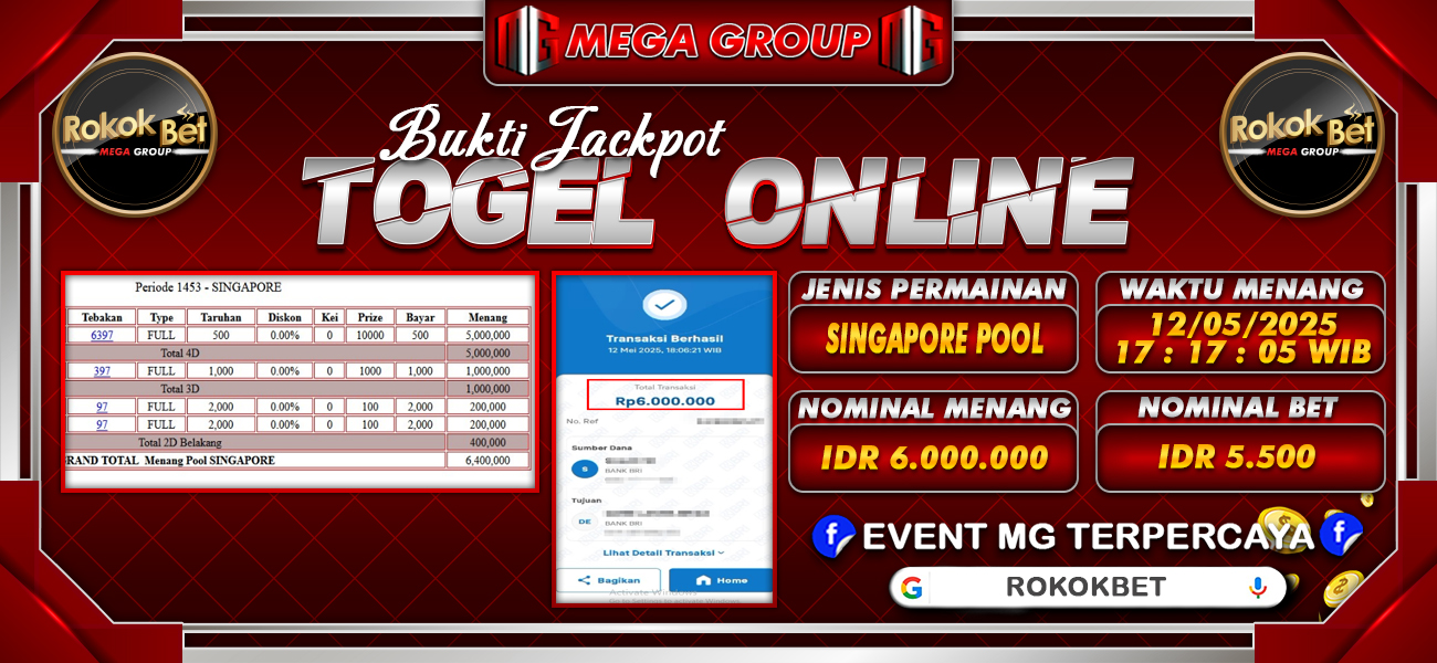 Bukti JP situs Rokokbet hari Senin, 12 Mei 2025