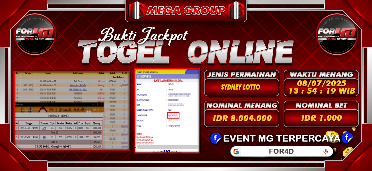Bukti JP situs For4D hari Selasa, 08 Juli 2025