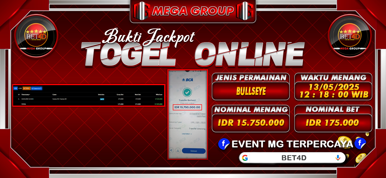 Bukti JP situs Bet4D hari Selasa, 13 Mei 2025