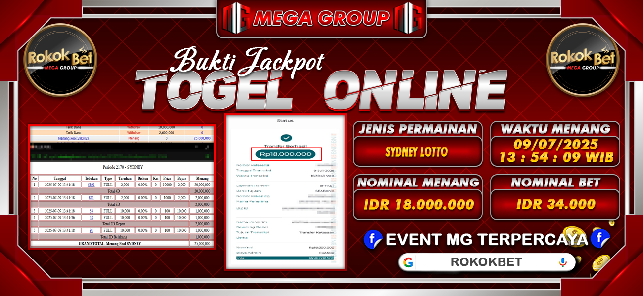 Bukti JP situs Rokokbet hari Rabu, 09 Juli 2025