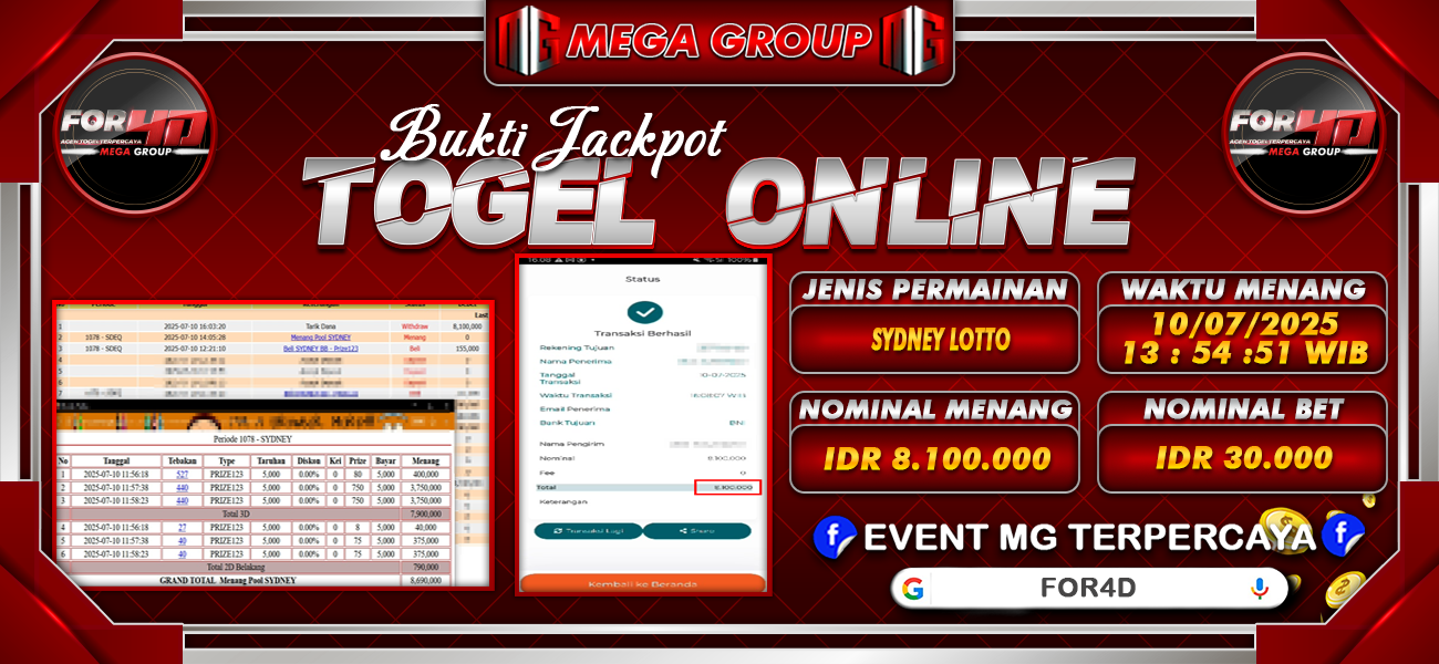 Bukti JP situs For4D hari Kamis, 10 Juli 2025