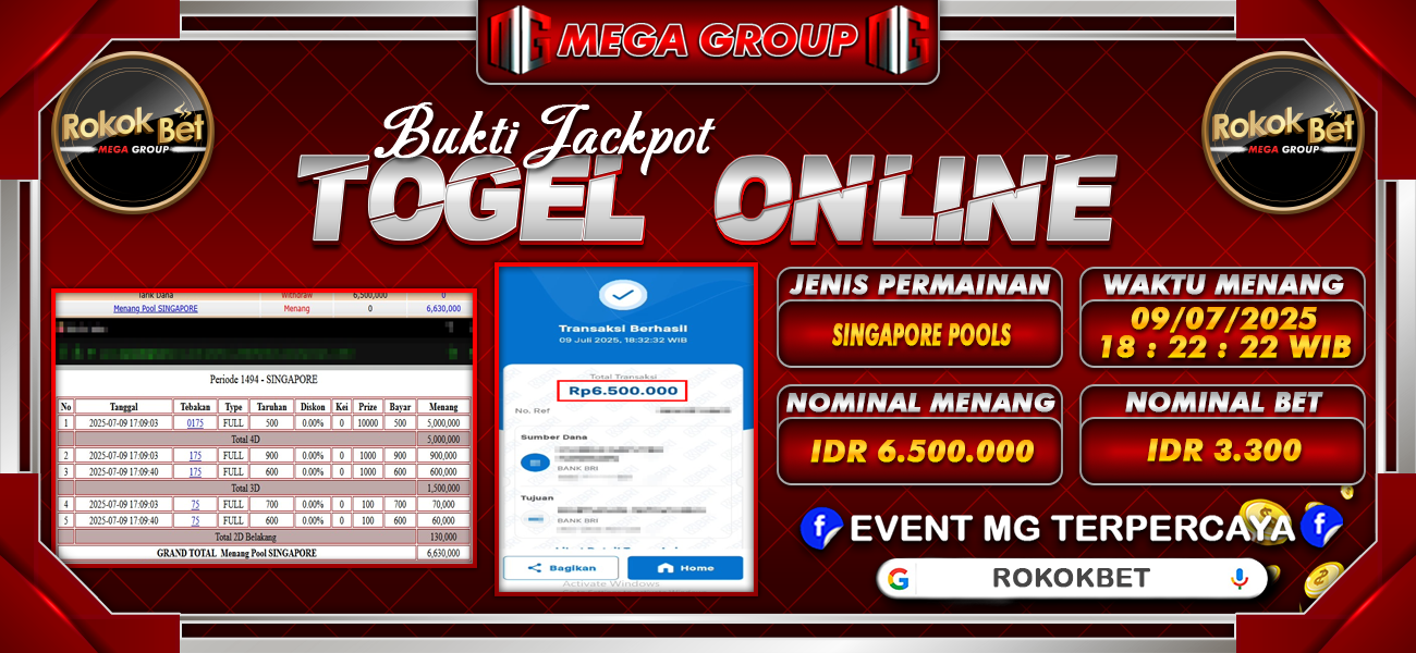 Bukti JP situs Rokokbet hari Rabu, 09 Juli 2025