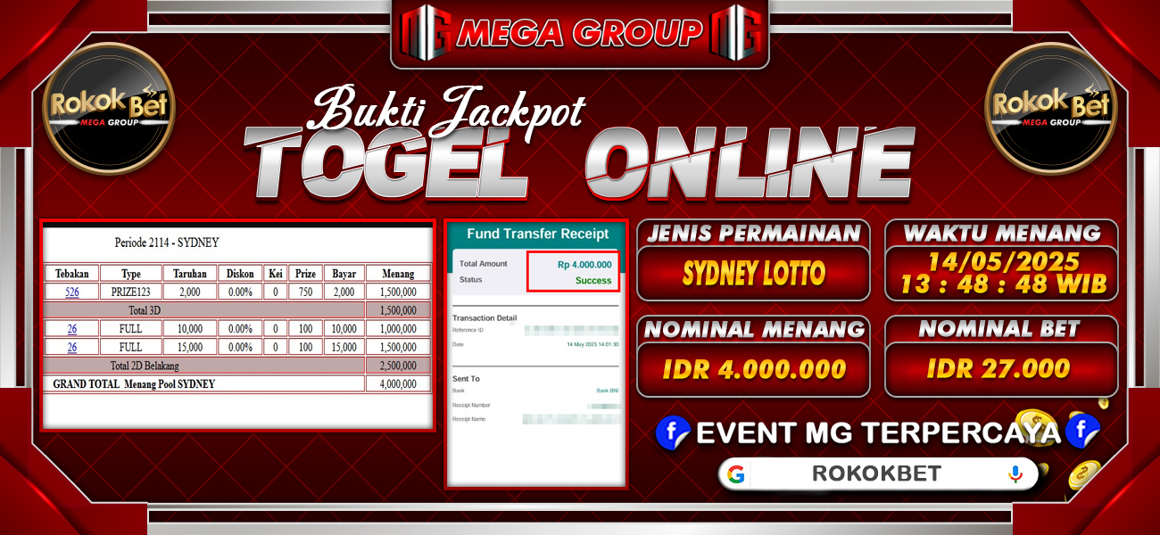 Bukti JP situs Rokokbet hari Rabu, 14 Mei 2025