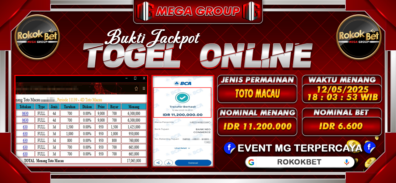Bukti JP situs Rokokbet hari Senin, 12 Mei 2025