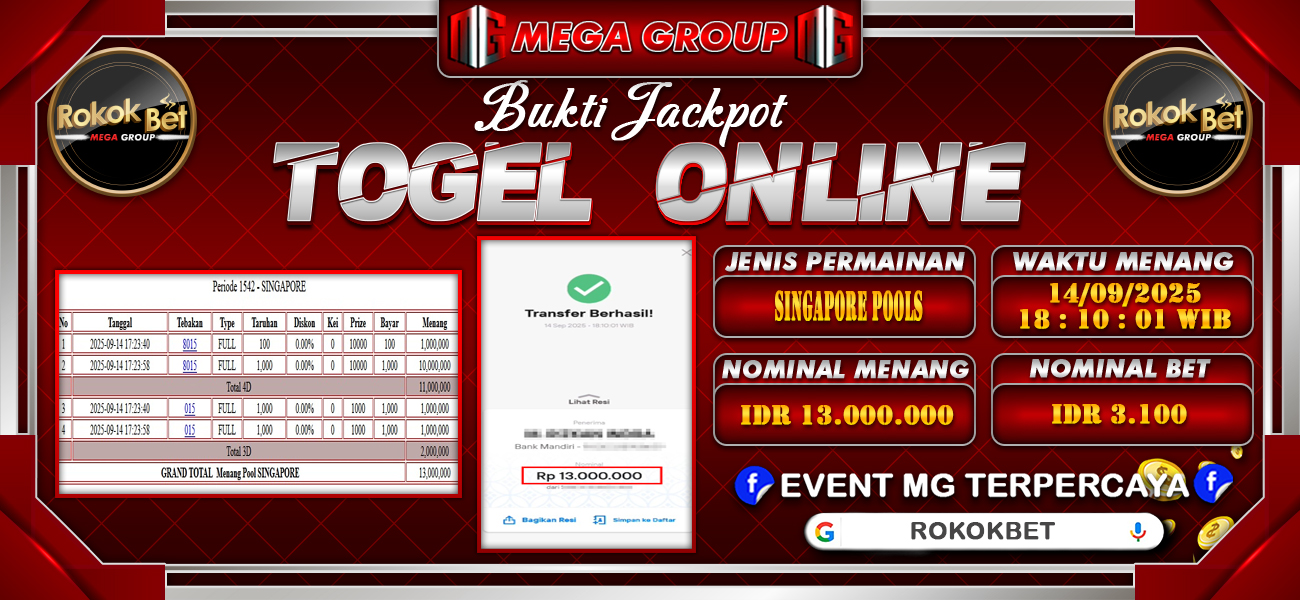 Bukti JP situs Rokokbet hari Minggu, 14 September 2025