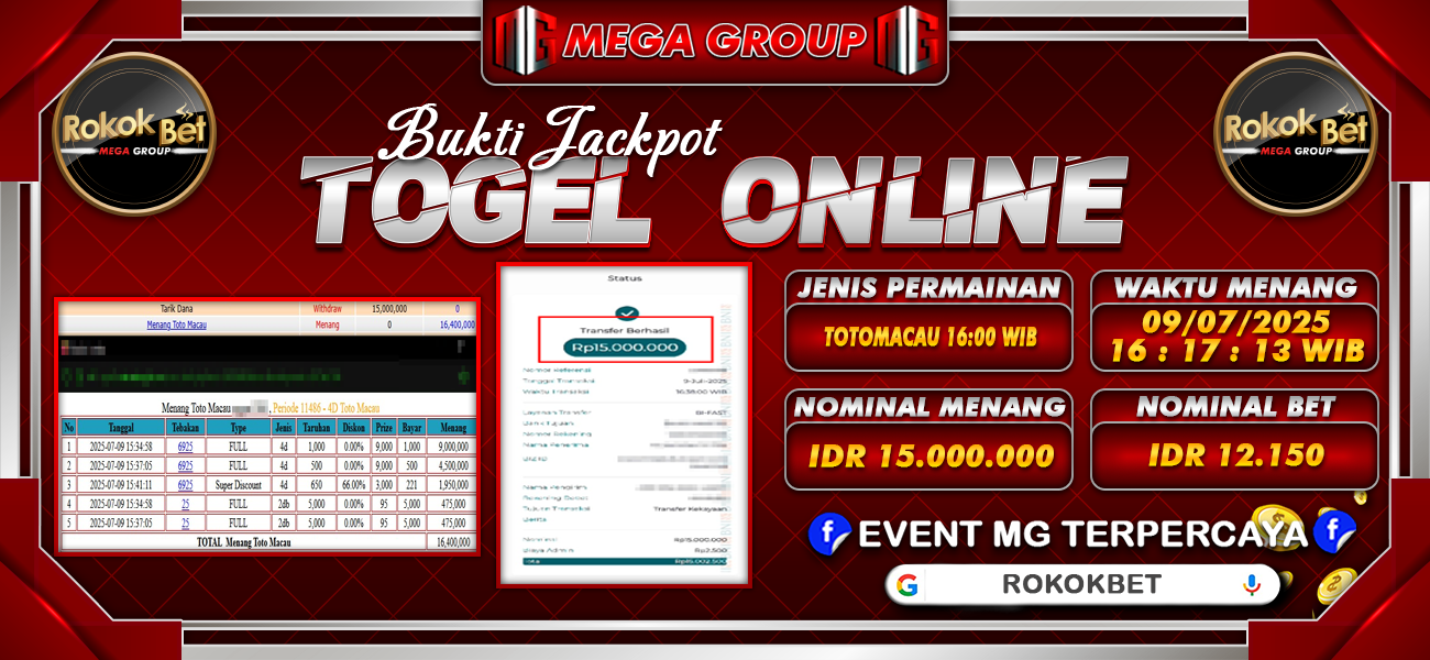 Bukti JP situs Rokokbet hari Rabu, 09 Juli 2025