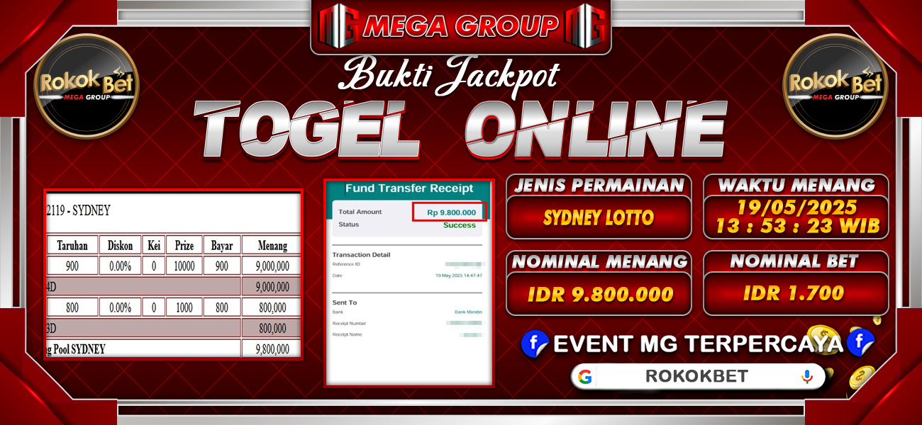 Bukti JP situs Rokokbet hari Senin, 19 Mei 2025