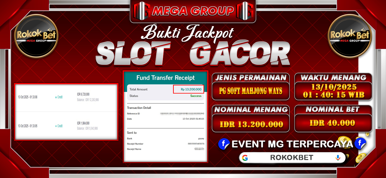Bukti JP situs Rokokbet hari Senin, 13 Oktober 2025