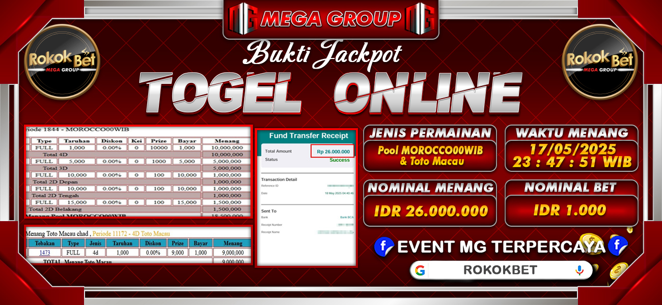 Bukti JP situs Rokokbet hari Senin, 19 Mei 2025