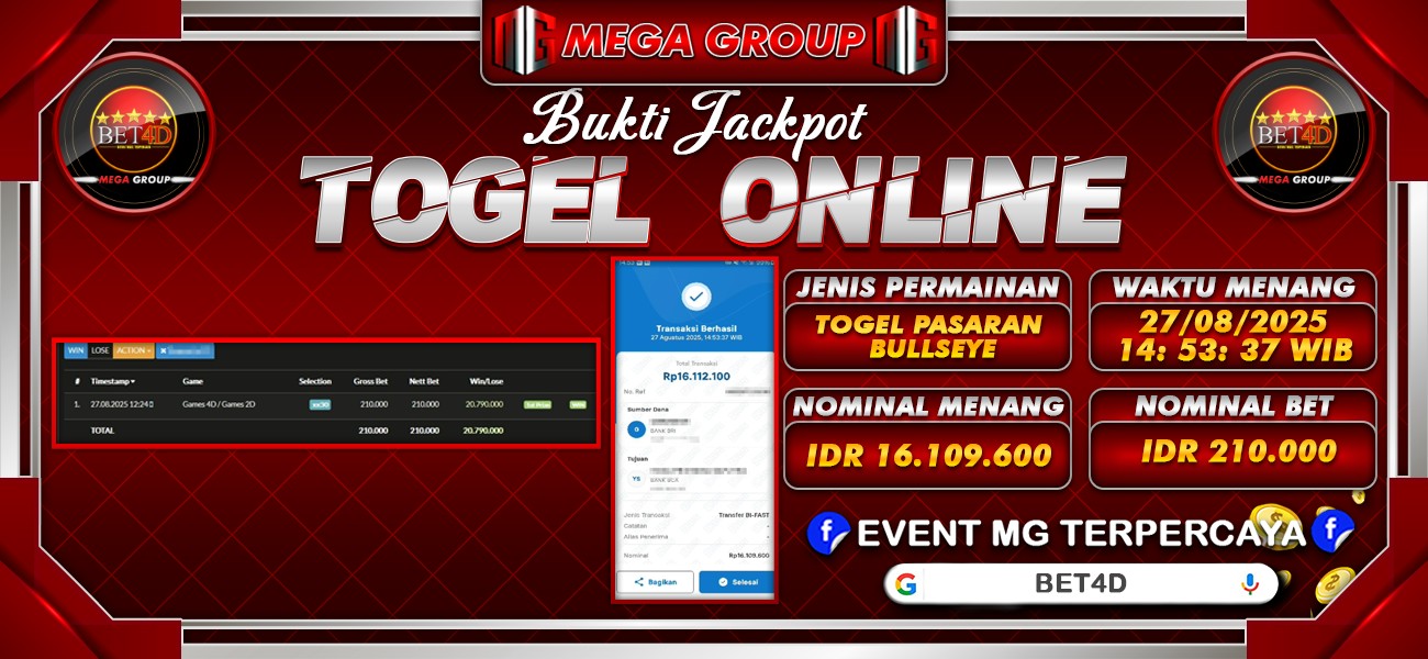 Bukti JP situs Bet4D hari Rabu, 27 Agustus 2025