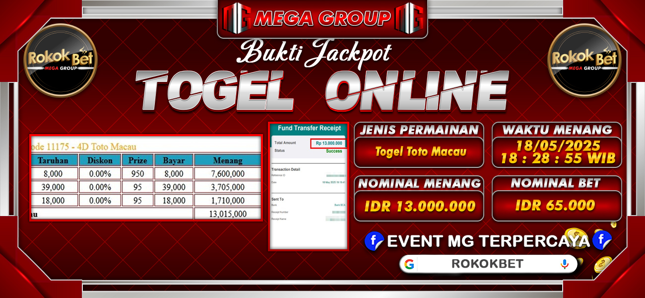 Bukti JP situs Rokokbet hari Senin, 19 Mei 2025