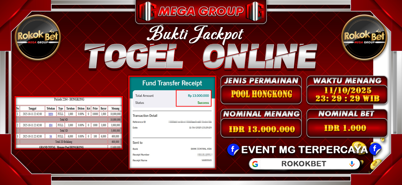 Bukti JP situs Rokokbet hari Minggu, 12 Oktober 2025