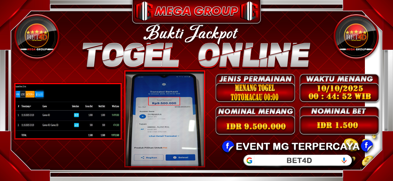 Bukti JP situs Bet4D hari Minggu, 12 Oktober 2025